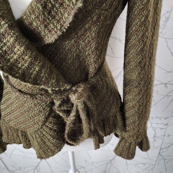 Zara Army Green 75% Wool Tweed Ruffle Wrap Sweater - Picture 2 of 5